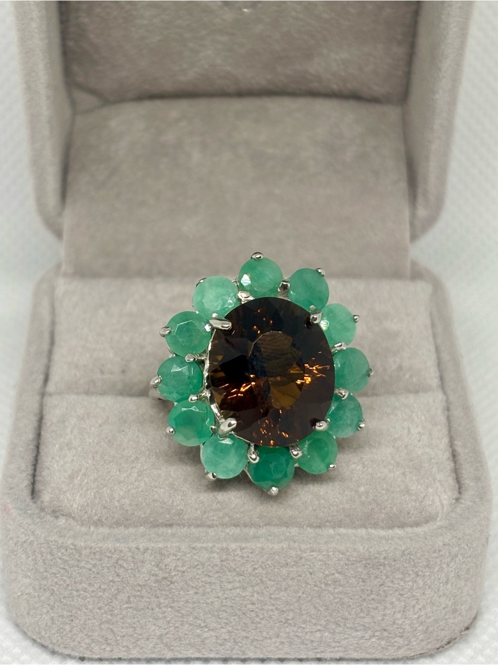 925 Sterling Silver Emerald Green Halo Ring with Cognac Quartz centre, size 6.5